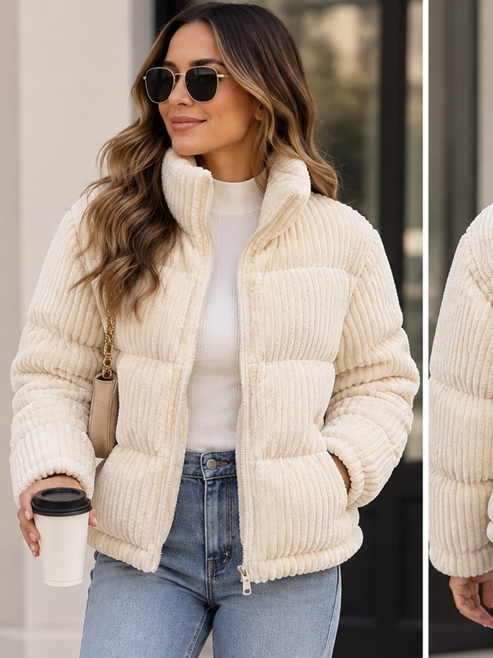 SHEIN Emery Rose Cream Corduroy Puffer Jacket Size L